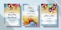 Wedding invitation card set with watercolor umbrella seascape paintings