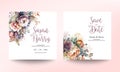 Wedding invitation card template with beautiful floral and leaves. Flower watercolor brush texture. Save the date invite cards. Royalty Free Stock Photo