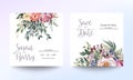 Wedding invitation card template with beautiful floral and leaves. Flower watercolor brush texture. Save the date invite cards. Royalty Free Stock Photo