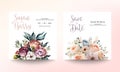Wedding invitation card template with beautiful floral and leaves. Flower watercolor brush texture. Save the date invite cards. Royalty Free Stock Photo