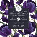 Wedding invitation card template design with dark blue tulips flowers.