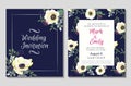 Wedding Invitation Card Template Floral Bridal Wreath Bouquet with white anemone flowers, eucalyptus branches, wild