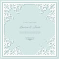 Wedding invitation card template with laser cutting frame. Square filigree cutout envelope design. Pastel blue and white Royalty Free Stock Photo