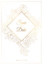 Wedding invitation card template with roses peony daffodil narcissus flowers. Luxury bright shiny golden line drawing.