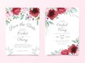 Wedding invitation card template set with floral border decoration. Garden red and peach watercolor roses card background Royalty Free Stock Photo