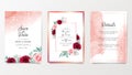 Wedding invitation card template set with flowers decoration and elegant fluid background. Burgundy and peach roses botanic