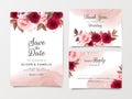 Wedding invitation card template set with flowers decoration and fluid background. Burgundy and peach roses botanic illustration Royalty Free Stock Photo