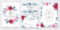 Wedding invitation card template set with maroon and navy watercolor flowers decoration. Roses and leaves botanic illustration for Royalty Free Stock Photo