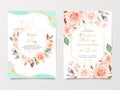 Wedding invitation card template set with peach and pink roses flowers. Cards with various floral illustration and watercolor Royalty Free Stock Photo