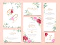 Wedding invitation card template suite with elegant flowers and gold decoration. Greenery floral border save the date, invitation Royalty Free Stock Photo