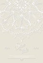 Wedding invitation card with white mandala on beige background, illustration