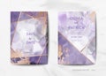 Wedding Invitation Cards Collection. Save the Date, RSVP with trendy violet texture background geometric art deco frame