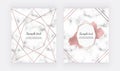 Wedding invitation cards with rose gold geometric design, polygonal lines and foil brush paint stroke on the marble texture. Backg Royalty Free Stock Photo