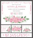 Wedding invitation cards set.Watercolor pink roses,numbers Royalty Free Stock Photo