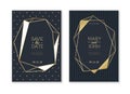 Wedding invitation cards. Trendy luxury card with gold polygonal texture and geometric pattern with save date and name