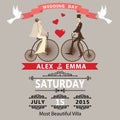 Wedding invitation.Cartoon bride groom on retro bike Royalty Free Stock Photo