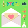 Wedding invitation celebration set flat anniversary romance decoration couple icons vector illustration Royalty Free Stock Photo