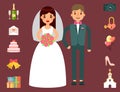 Wedding invitation celebration set flat anniversary romance decoration couple icons vector illustration Royalty Free Stock Photo