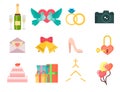 Wedding invitation celebration set flat anniversary romance decoration couple icons vector illustration Royalty Free Stock Photo