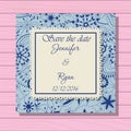 Wedding invitation classic blue colros on wooden background