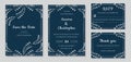 Elegant wedding invitations set with silver floral motives and marine blue background.