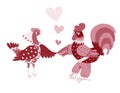 Wedding invitation with cute cartoon cock and hen. Greeting card.