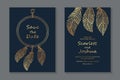 Card templates with golden dream catcher on a navy blue background