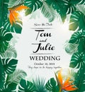 Wedding invitation desing with exotic leaves and coloful flowers