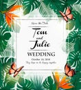 Wedding invitation desing with exotic leaves and coloful flowers