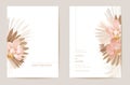 Wedding invitation dried tropical palm leaves, orchid flowers card, dry pampas grass watercolor minimal template