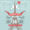 Wedding invitation.Eiffel tower,pigeons,swirling Royalty Free Stock Photo