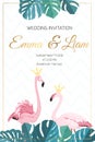 Wedding invitation flamingo birds crown king queen Royalty Free Stock Photo