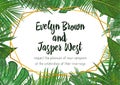 Wedding Invitation, floral invite card Design with green tropical forest palm tree leaves, forest fern greenery simple, geometric