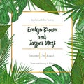 Wedding Invitation, floral invite card Design with green tropical forest palm leaves, forest fern greenery simple, square golden