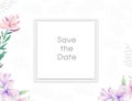 Wedding Invitation, floral invite card, pink flowers and green leafs geometric. Rhombus Rectangle frame. White square background. Royalty Free Stock Photo