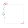 Wedding Invitation, floral invite card, pink flowers and green leafs geometric. Rhombus Rectangle frame. White square background. Royalty Free Stock Photo