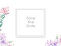 Wedding Invitation, floral invite card, pink flowers and green leafs geometric. Rhombus Rectangle frame. White square background. Royalty Free Stock Photo