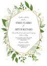 Wedding Invitation, floral invite save the date modern card Design: greenery leaves, forest greenery, herbs, natural plants, bran