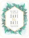 Wedding Invitation, floral invite thank you, rsvp modern card Design: green tropical palm leaf greenery eucalyptus branches decora Royalty Free Stock Photo