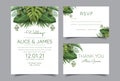 Wedding Invitation, floral invite thank you, rsvp modern card Design: green tropical palm leaf greenery eucalyptus branches Royalty Free Stock Photo