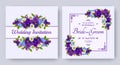 Wedding invitation with flowers of realistic purple viola, strawberry and forget-me-not on patterned background. Floral card.