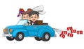 Wedding invitation with funny bride and groom on car driving to their honeymoon