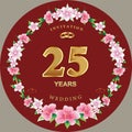 Anniversary 25 years, wedding card with floral pattern, hearts and rings. Vector illustration
