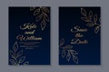 Wedding invitation with golden leaves and branches on a navy blue background Royalty Free Stock Photo