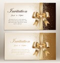 wedding invitation with golden ribbon and bow.