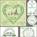 Wedding invitation.Green branches heart, bride,groom,retro bicyc Royalty Free Stock Photo