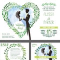 Wedding invitation.Green branches heart ,bride,groom,sky Royalty Free Stock Photo