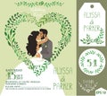 Wedding invitation.Green branches heart , kissing bride,groom Royalty Free Stock Photo