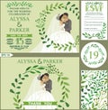 Wedding invitation. Green branches wreath, kissing bride, groom