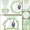 Wedding invitation.Green branches wreath, wedding clothes